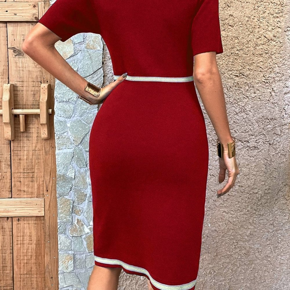 Red Preppy womens Knit Mix Contrast Trim Button Detail Bodycon Sweater Dress - Picture 2 of 5